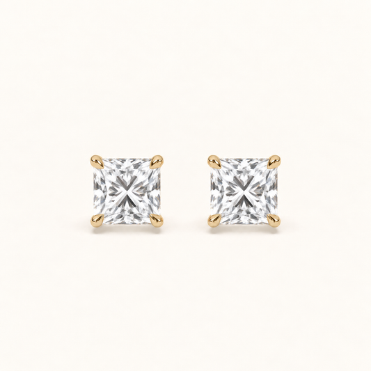 Princess-cut diamond stud earrings, 2 total carat weight, 14k yellow gold — front