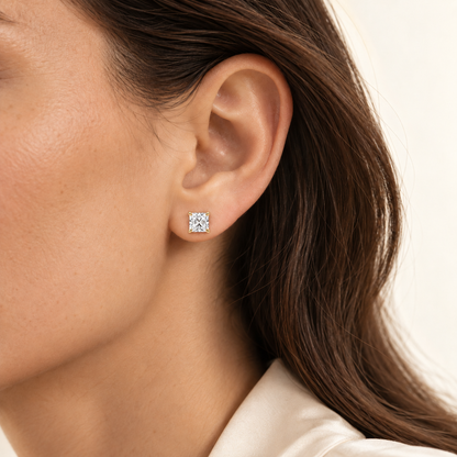 Princess-cut diamond stud earrings, 2 total carat weight, 14k yellow gold — on-ear