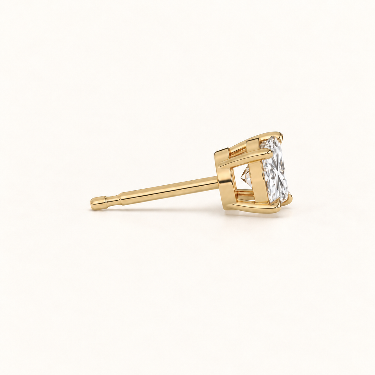 Princess-cut diamond stud earrings, 2 total carat weight, 14k yellow gold — side