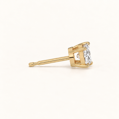 Princess-cut diamond stud earrings, 2 total carat weight, 14k yellow gold — side
