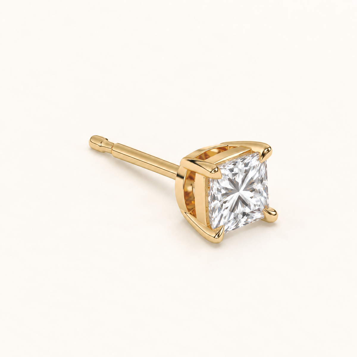 Princess-cut diamond stud earrings, 2 total carat weight, 14k yellow gold — three-quarter