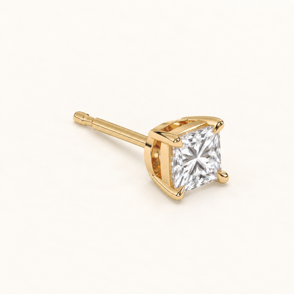 Princess-cut diamond stud earrings, 2 total carat weight, 14k yellow gold — three-quarter