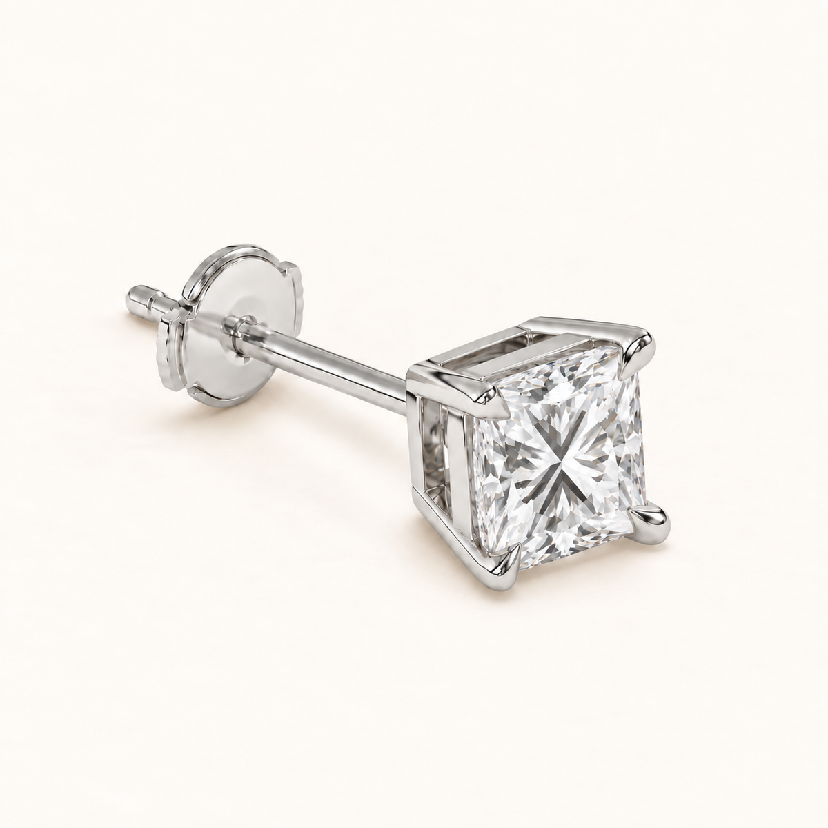 Princess-cut diamond stud earrings, 3 total carat weight, platinum — alpha-back