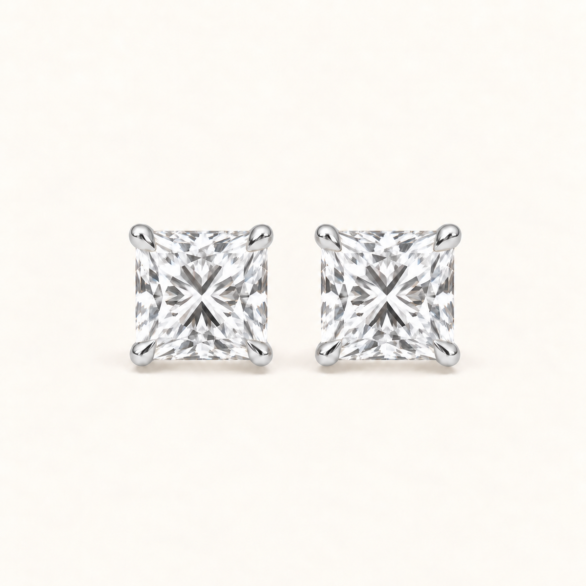 Princess cut diamond earrings, 3 total carat weight, platinum, front view