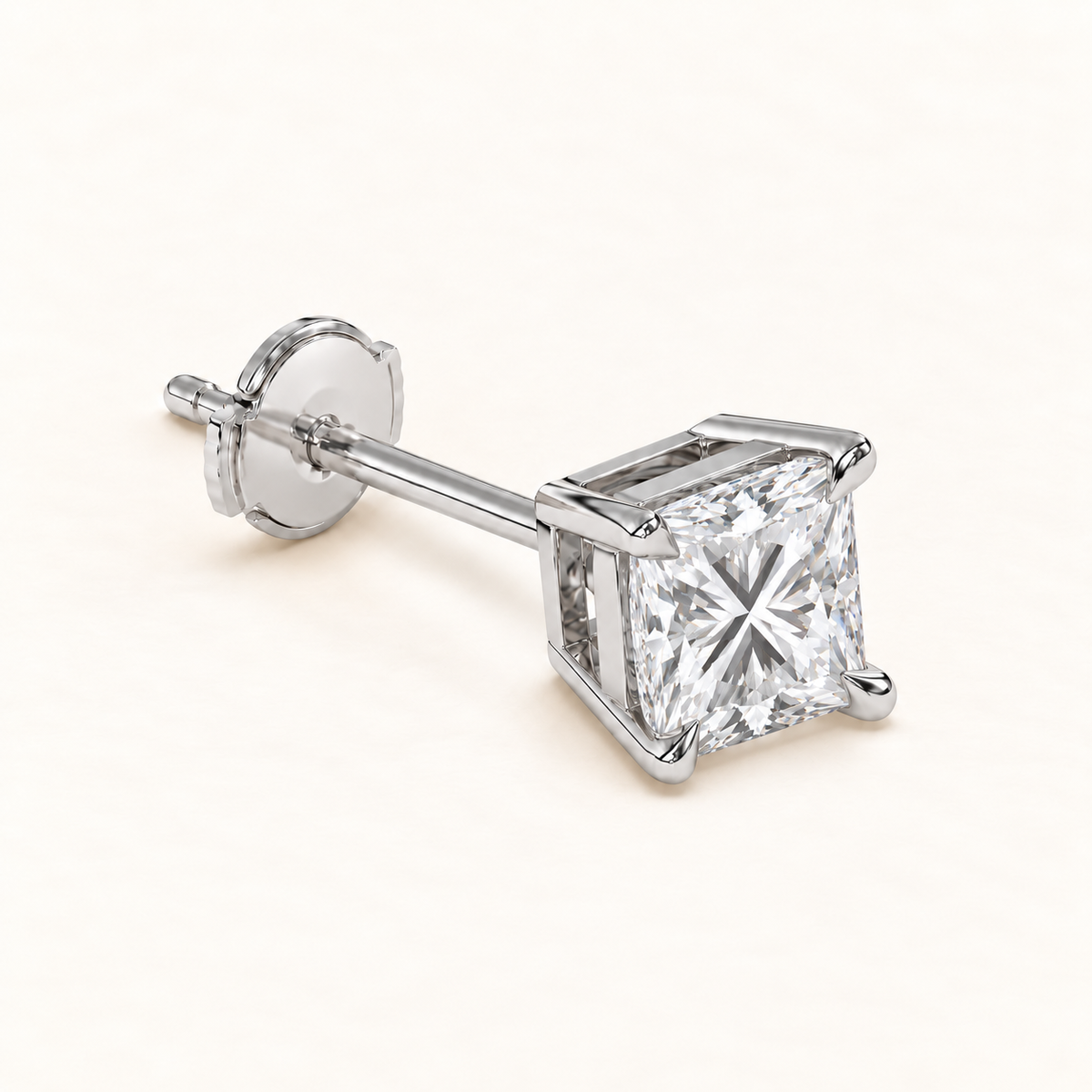 Princess-cut diamond stud earrings, 3 total carat weight, white gold — alpha-back