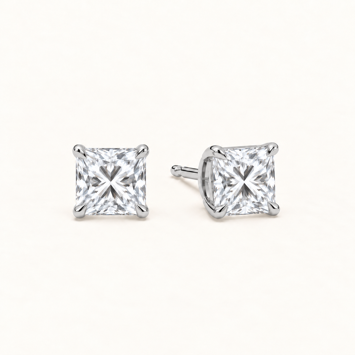 Princess-cut diamond stud earrings, 3 total carat weight, white gold — angled