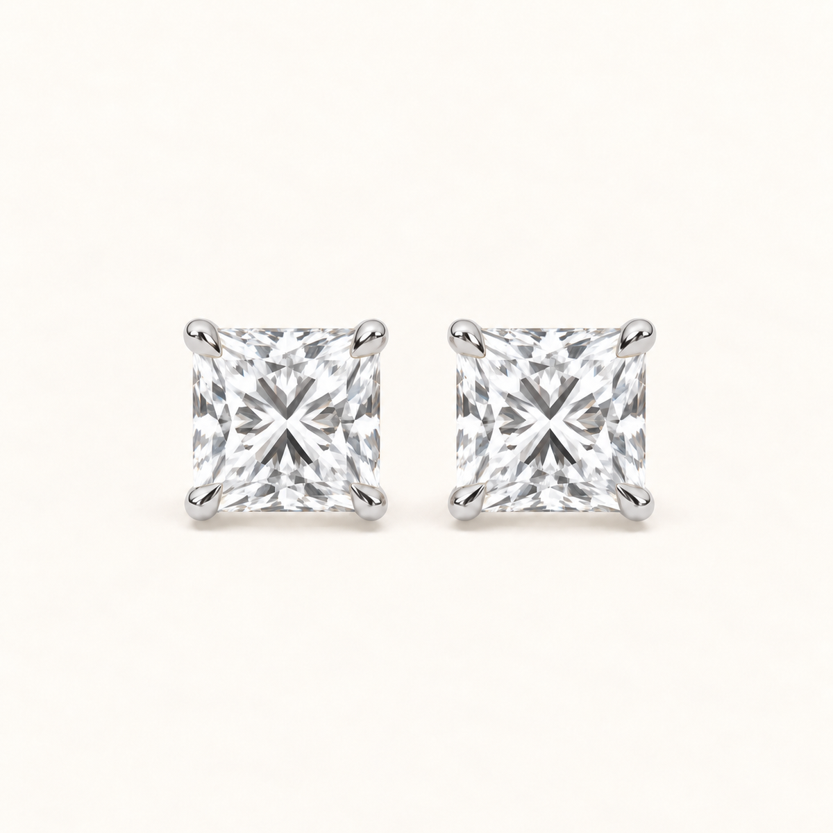 Princess-cut diamond stud earrings, 3 total carat weight, white gold — front