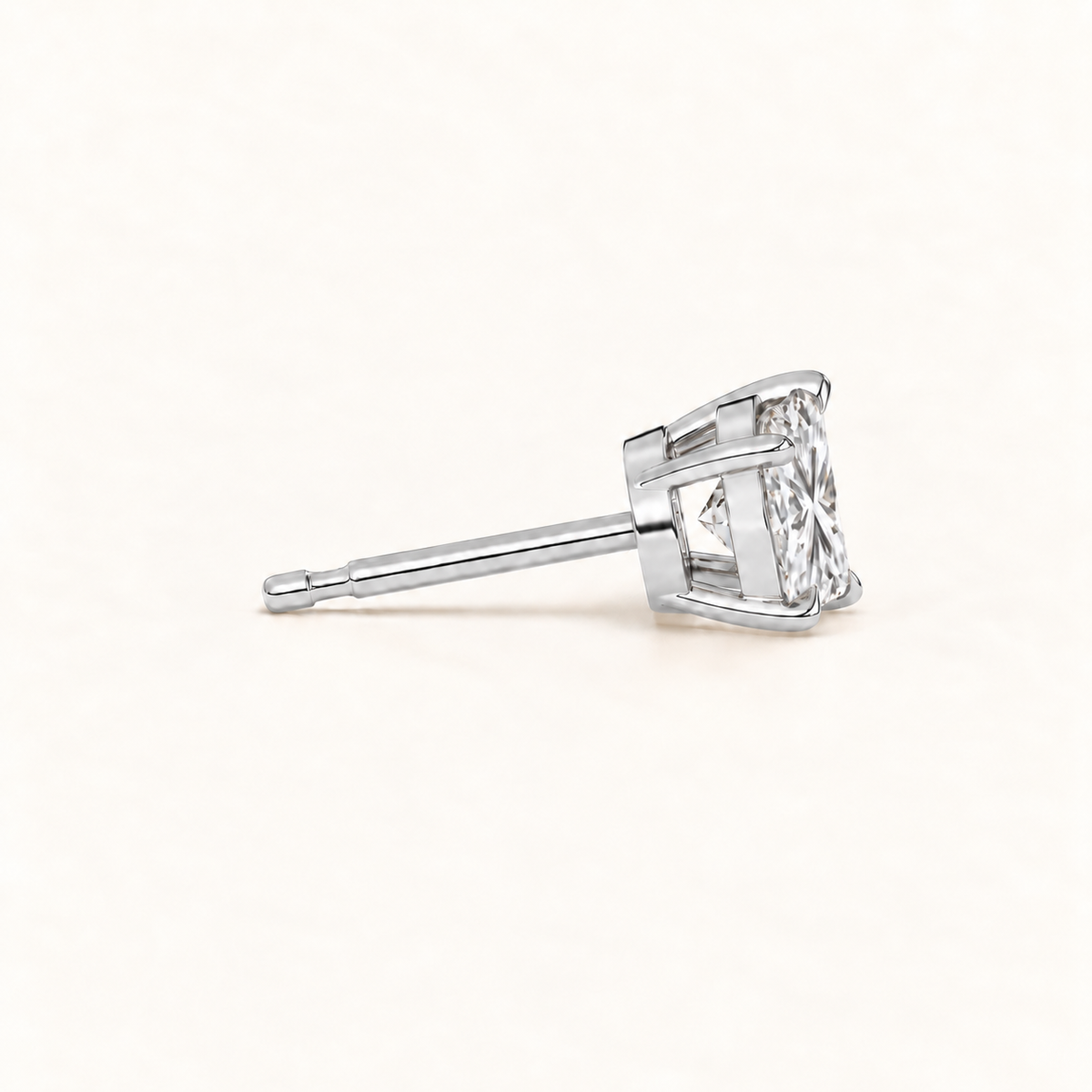 Princess cut diamond earrings, 3 total carat weight, white gold, side view