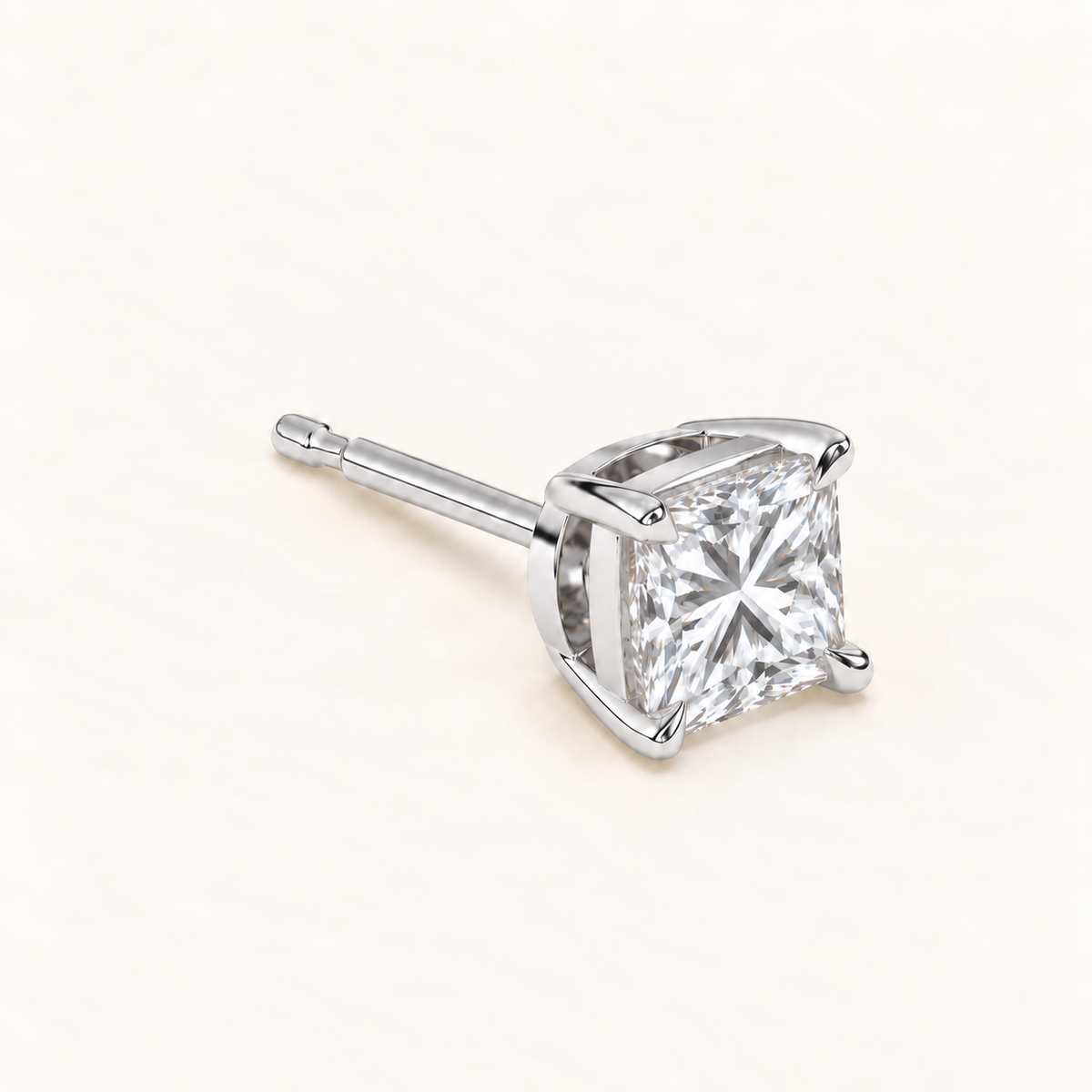 Princess cut diamond earrings, 3 total carat weight, white gold, three quarter view