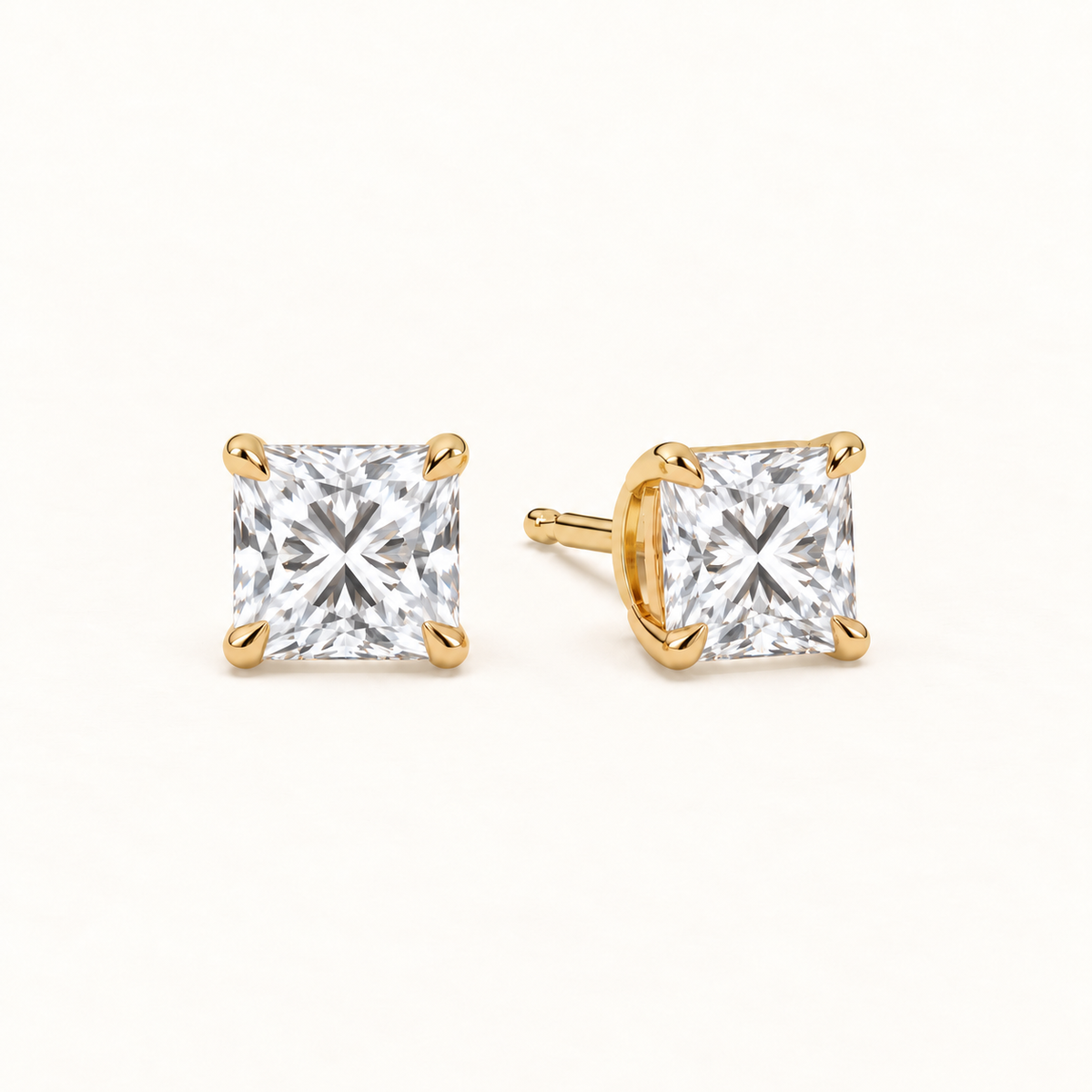 Princess diamond earrings, 3ct total pair weight, yellow gold, view 2