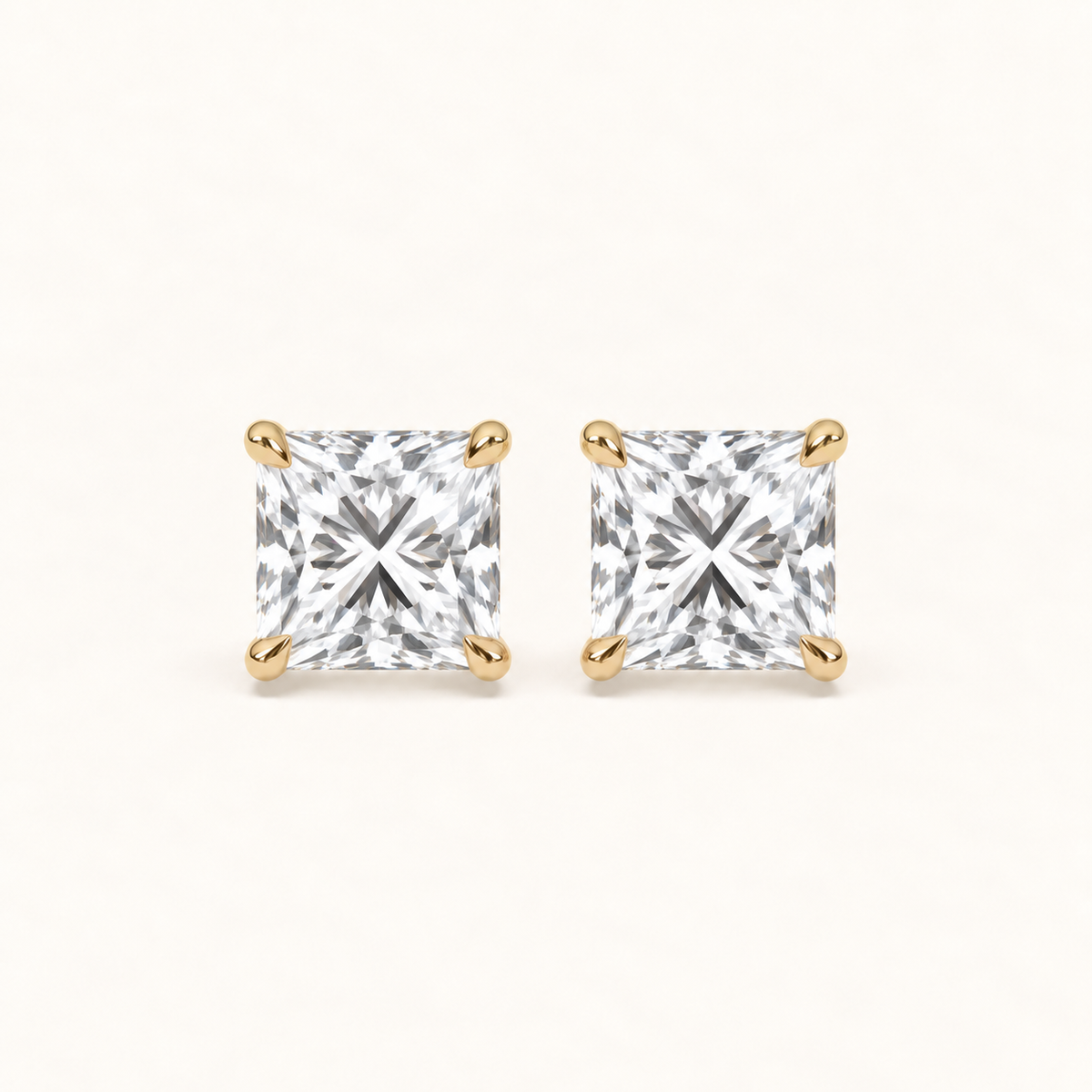 Princess diamond earrings, 3ct total pair weight, yellow gold, view 1