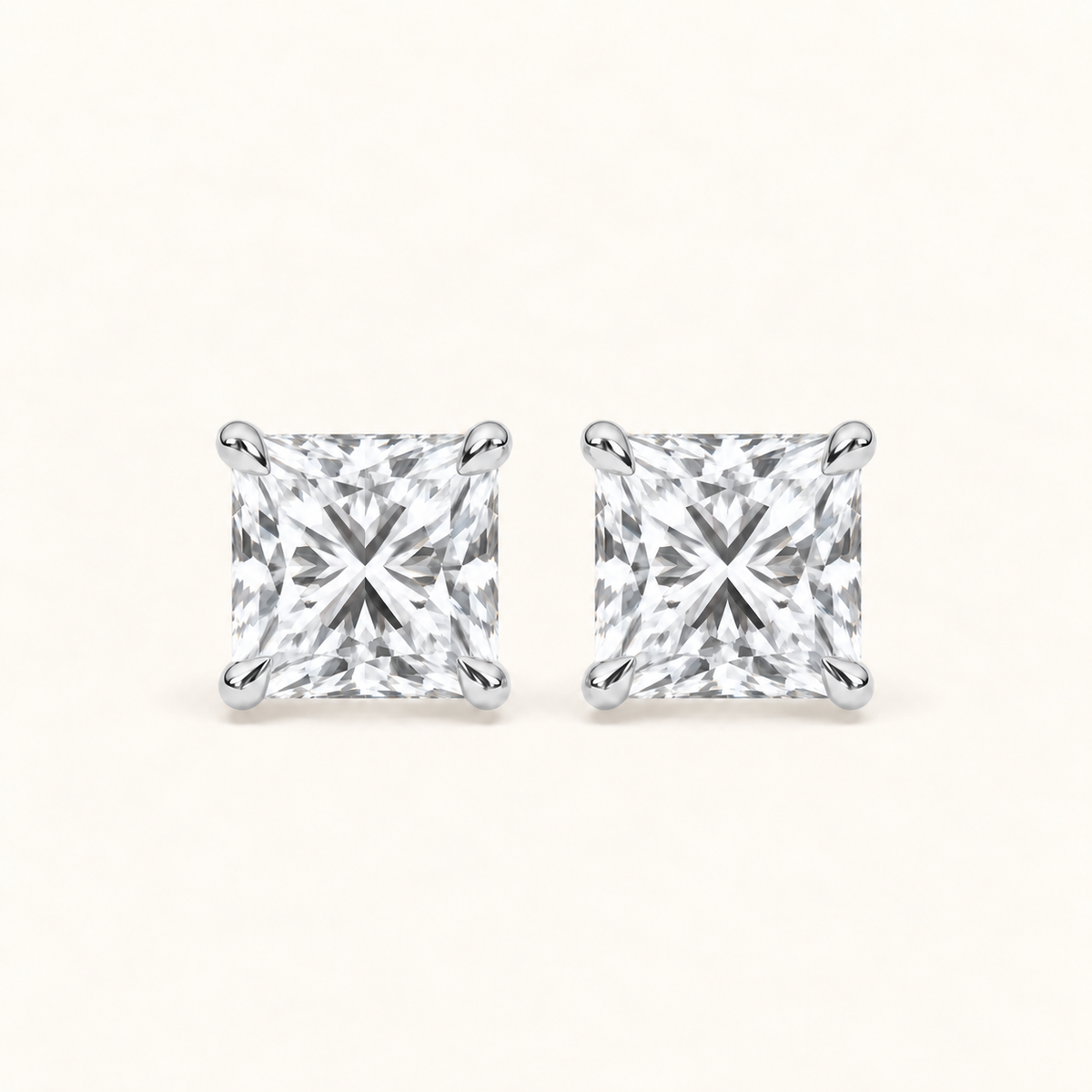 Princess cut diamond earrings, 4 total carat weight, platinum, front view