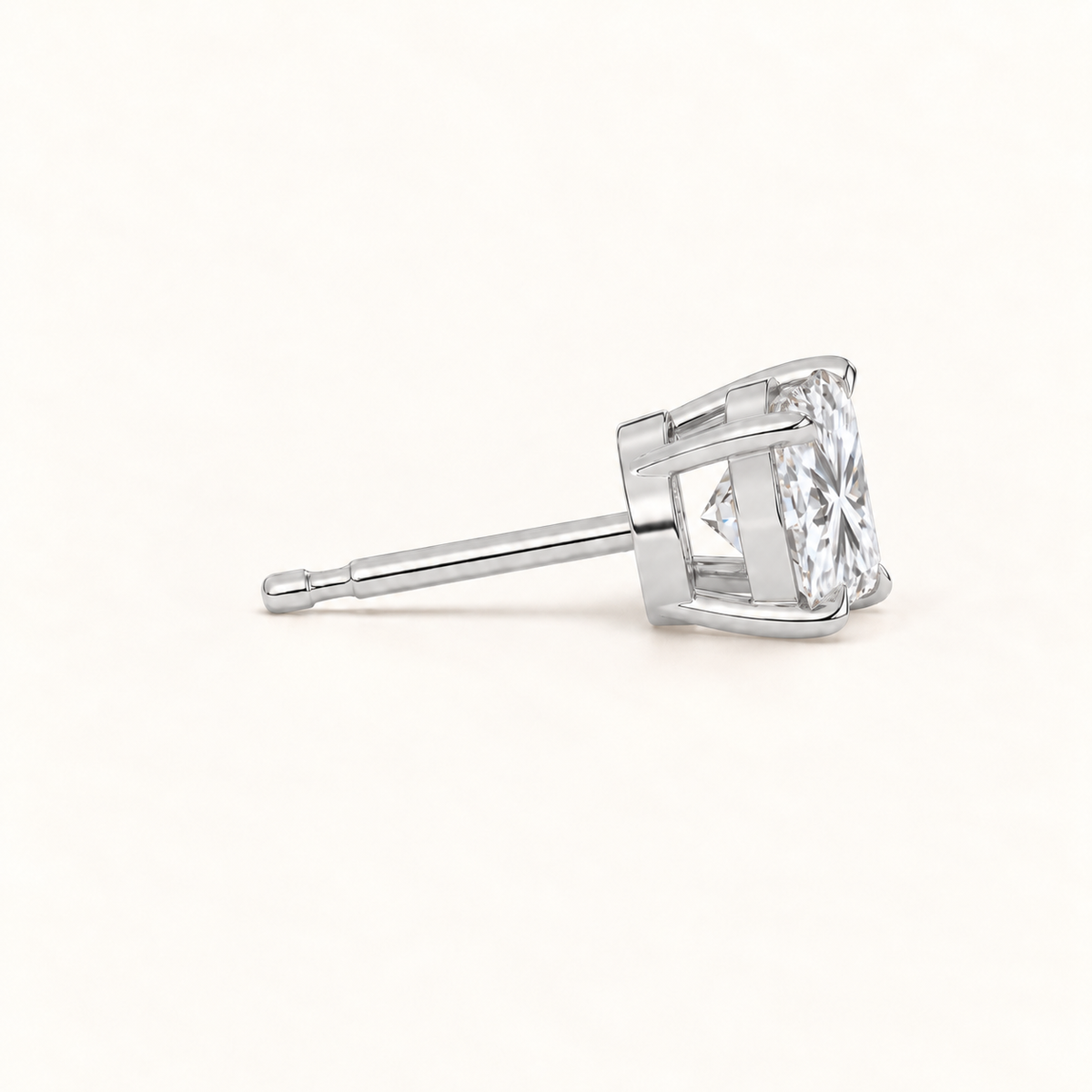 Princess-cut diamond stud earrings, 4 total carat weight, platinum — side