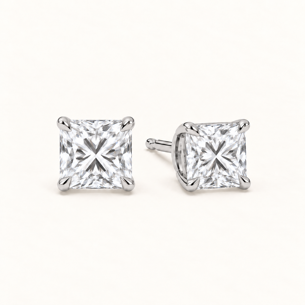 Princess-cut diamond stud earrings, 4 total carat weight, white gold — angled