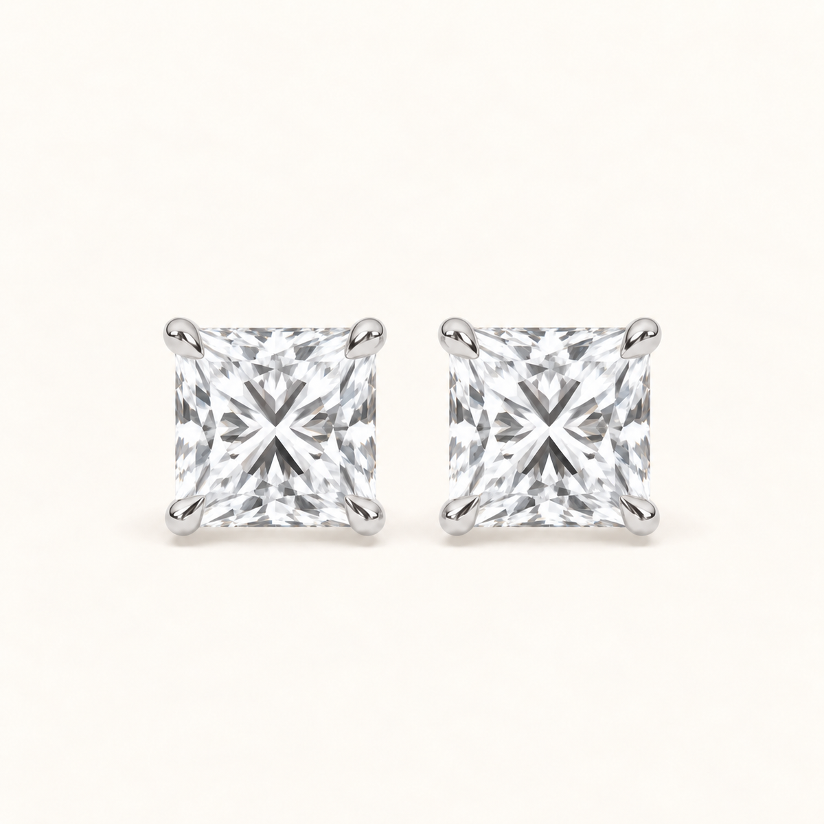Princess-cut diamond stud earrings, 4 total carat weight, white gold — front