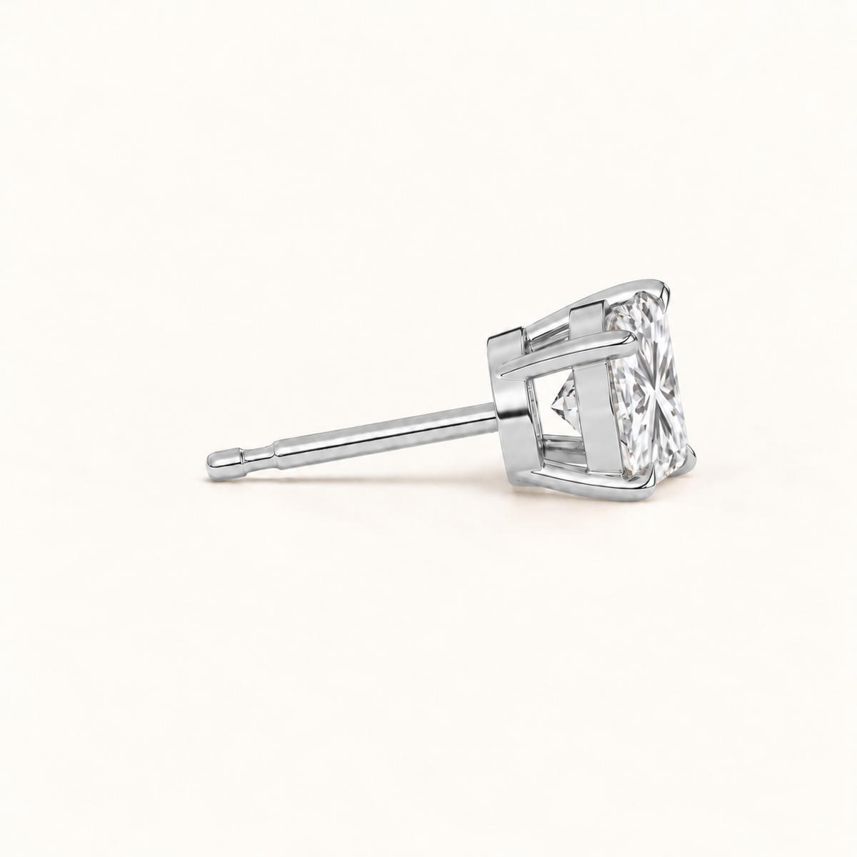 Princess-cut diamond stud earrings, 4 total carat weight, white gold — side