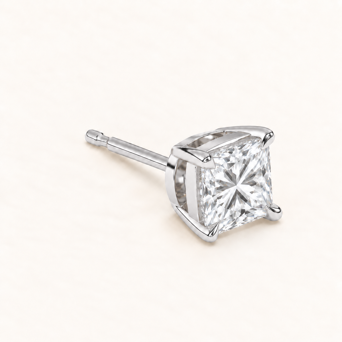 Princess cut diamond earrings, 4 total carat weight, white gold, three quarter view