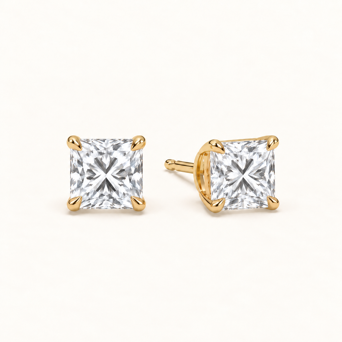 Princess diamond earrings, 4ct total pair weight, yellow gold, view 2