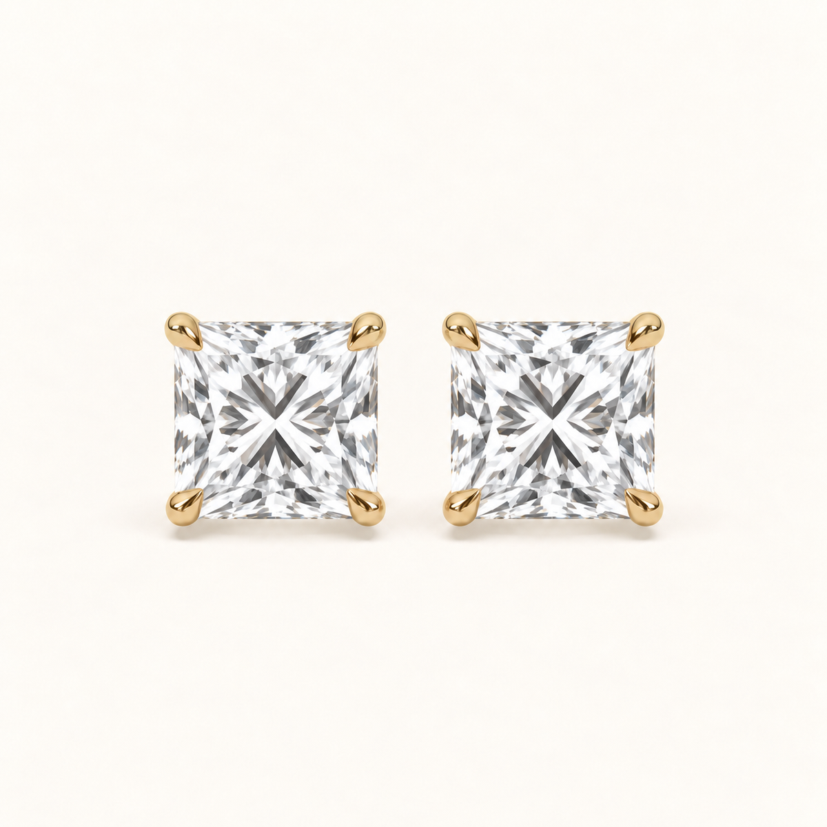 Princess diamond earrings, 4ct total pair weight, yellow gold, view 1