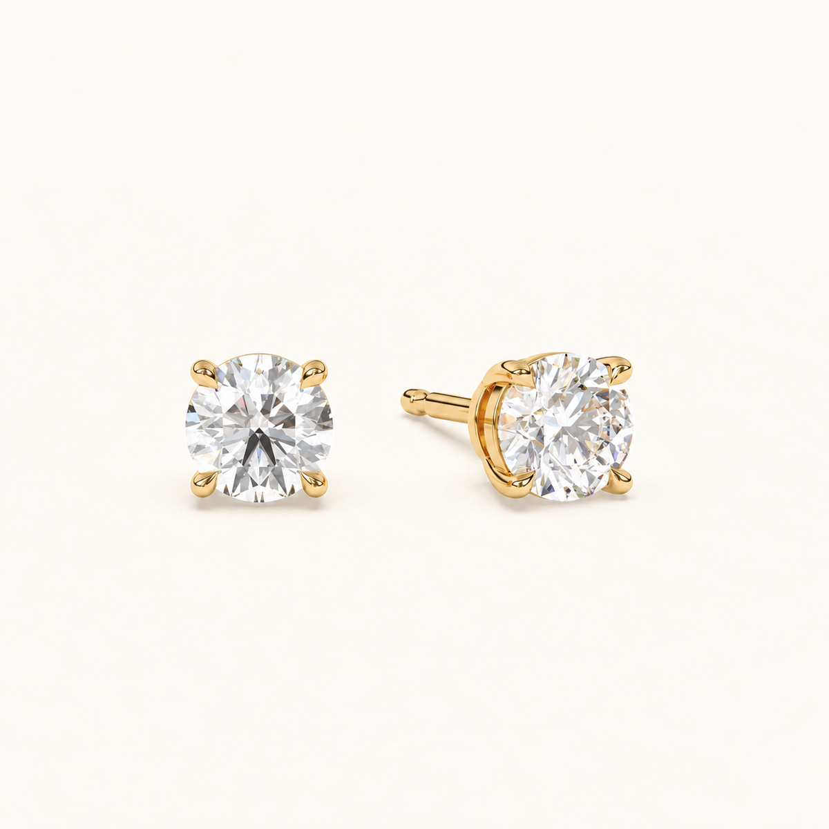 round brilliant studs 2 tcw yellow gold angled
