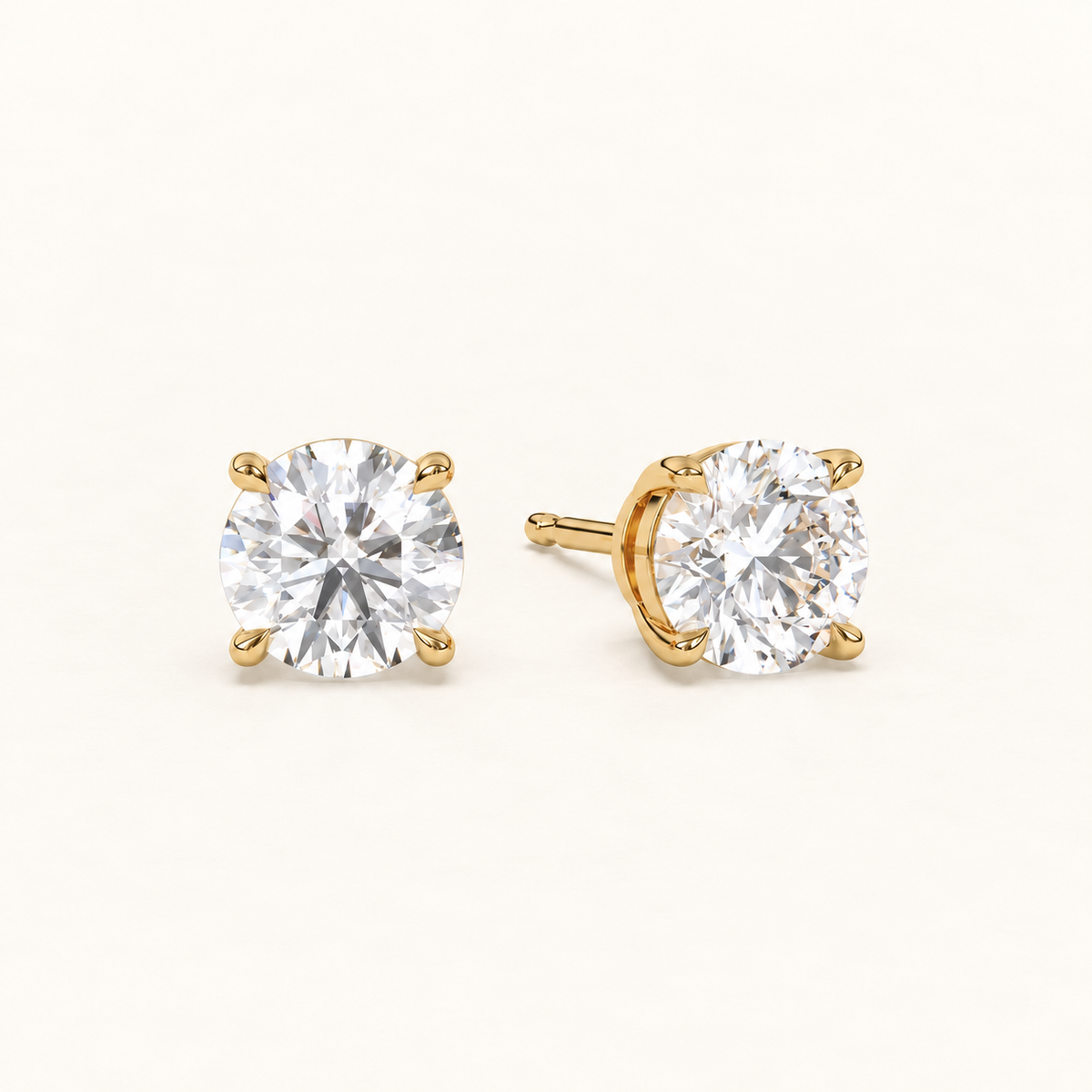 round brilliant studs 3 tcw yellow gold angled