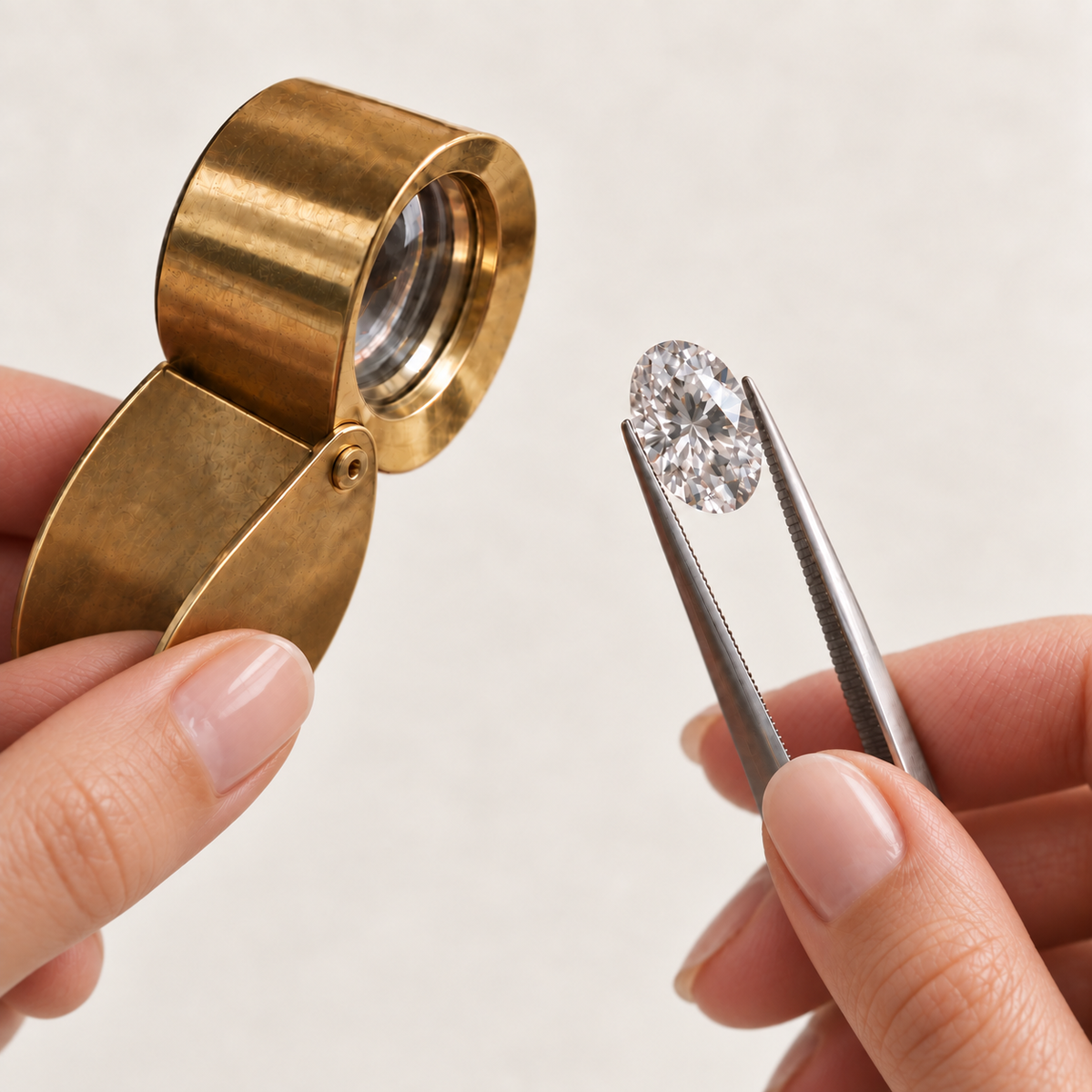 Close-up of a woman’s hands holding a brass loupe and an oval diamond in tweezers