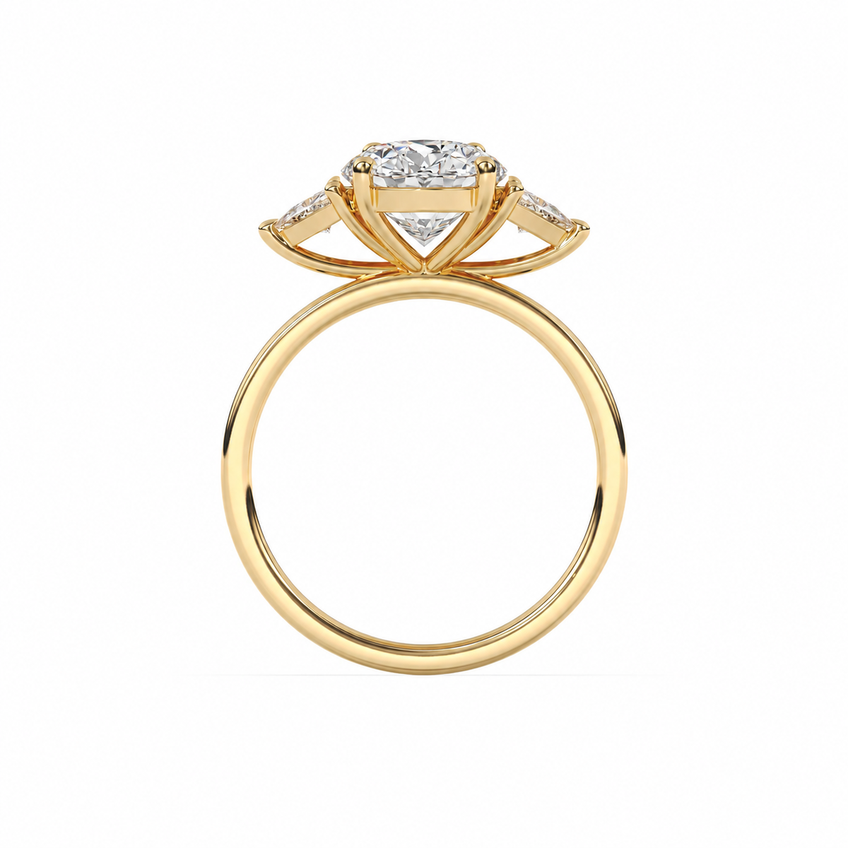 Side gallery view of an oval diamond three-stone ring in yellow gold with trillion diamond shoulders