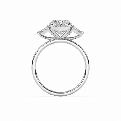 Gallery profile view of oval diamond three-stone ring in white metal