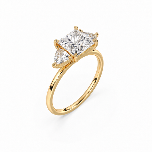 Princess and trillion diamond ring in yellow gold, three-quarter view with approved solitaire shank profile
