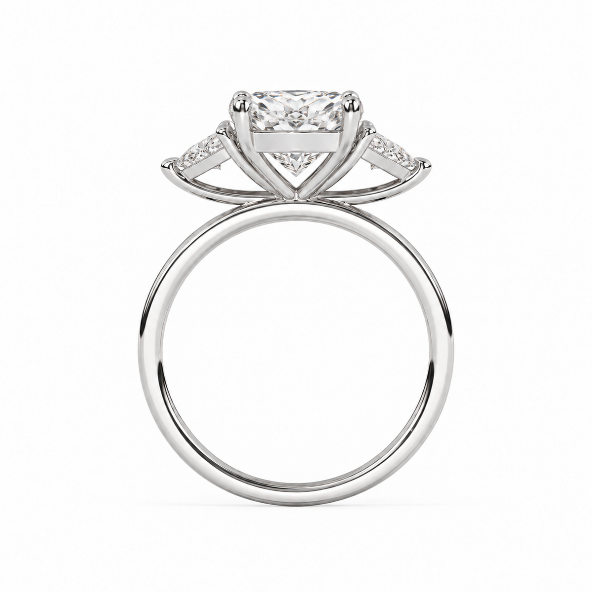 Princess diamond three-stone ring in white metal, direct gallery profile