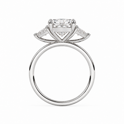 Princess diamond three-stone ring in white metal, direct gallery profile